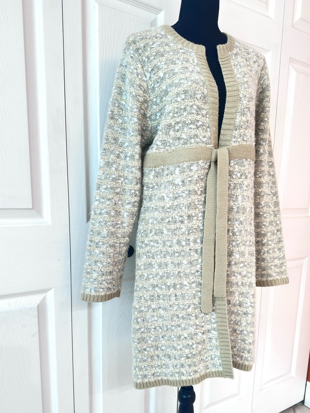 Beige/Gray/Cream Knit/Wool Long Open Front Cardigan with Attached Tie Belt - Picture 5 of 12